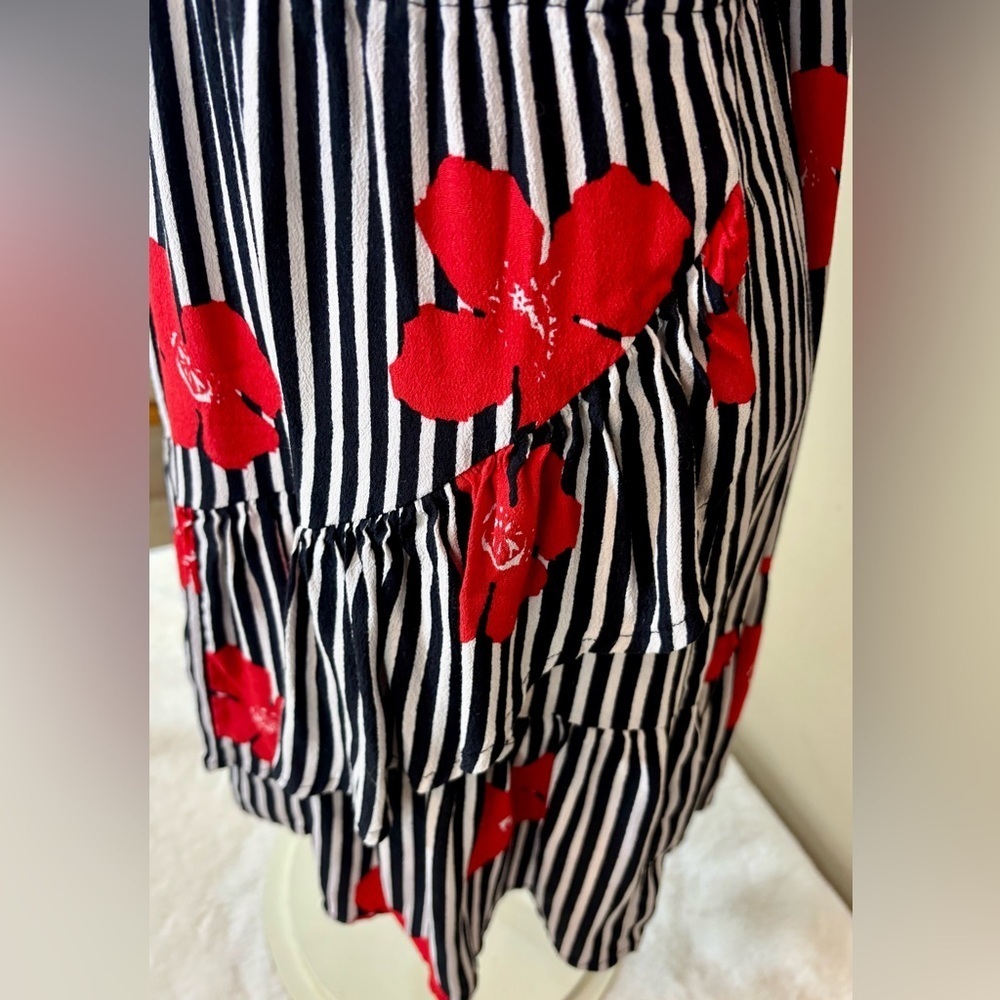 Madewell Black and White Striped Floral Print Faux Wrap Dress - Picture 7 of 12